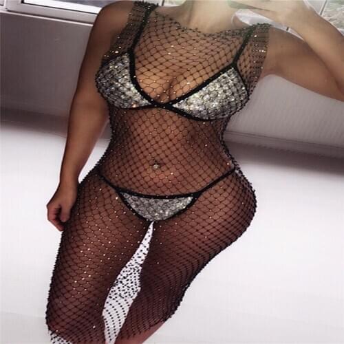 Sexy Swimwear Bikini Cover Up Lace Sleeveless Rhinestone embellished Sparkling Net Lady Sexy Beach Dress Great deal