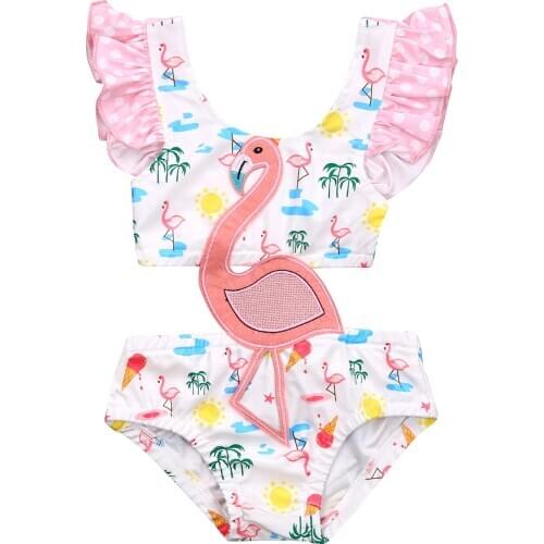 Infant Baby Girl Sweet Flamingo Patch One Piece Swimsuit Fashion Hollow Ruffles Suspender Swimwear Bathing Suit 0-3Y
