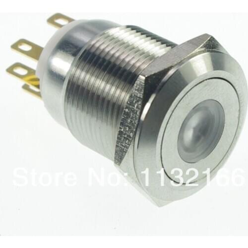 19mm LED Color White Stainless Steel Dot illuminated Momentary Push Button Switch 1NO 1NC Pin Terminal Waterproof