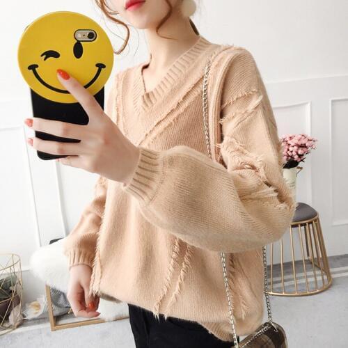 Women Tassel V-Neck Long Sleeve Sweater and Pullovers Tops Autumn Winter Cashmere Casual Loose Solid Knitted Sweater