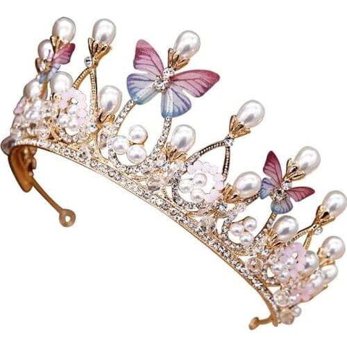 Tulle Butterfly Pearls Childrens Crown Diadem Tiaras Headband Women Bride Queen Hair Accessories Wedding Hair Jewelry Pageant