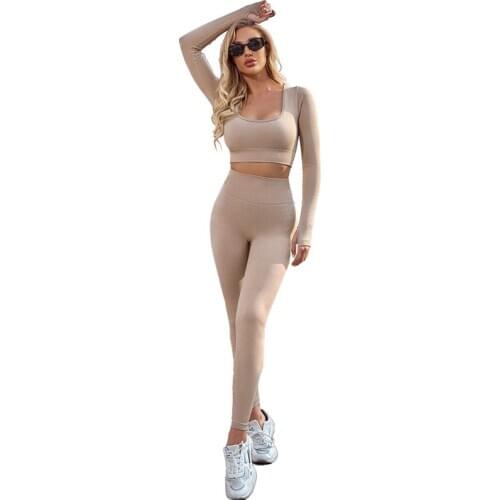 2021 Deep U-neck long sleeves yoga top workout gym suit legging sets gym clothing 2pcs seamless sports set for women tracksuit