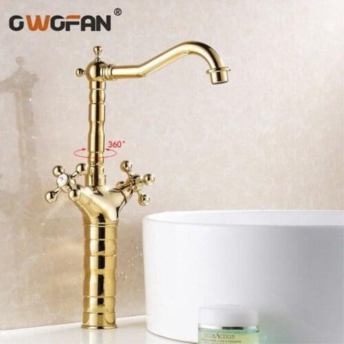 Bathroom Antique Basin Faucets High Arch Dual Cross Handle Gold Faucet Deck Mounted Mixer Water Tap Bathroom Sink Taps HJ-6712