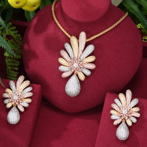 GODKI Noble Gorgeous Luxury Noble Pendant Flowers Necklace+Dangle Earrings Jewelry Set for Women Bridal Wedding Jewelry Sets