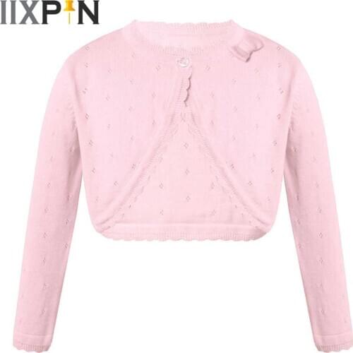 Girls Ballet Dance Wear Long Sleeve Knitted Sweater Cardigan Tops Kids Bowknot Hollow Out Rhombus 2021 Childrens Crochet Coats