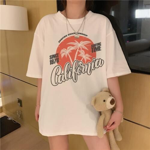 Vintage California surfing Letter Shirts printing Female T-shirt Loose Short Sleeve Punk Tops West Coast Hip hop Streetwear Tees