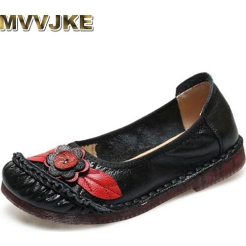 MVVJKE 2021 Spring Handmade Vintage Round Toe Flats Shoes Woman Genuine Leather With Flowers Soft Bottom Slip-On Ladies Loafers