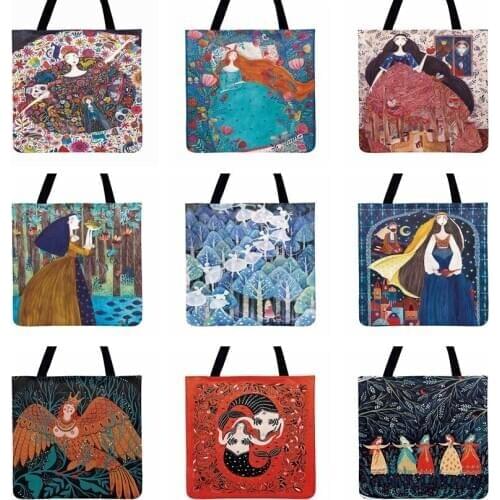 Forest Fairy Tale Painting Printed Tote Bag For Women Casual Totes Ladies Shoulder Bags Foldable Shopping Bag Outdoor Beach Bags