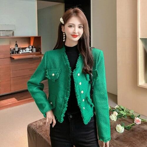 Autumn Designer V-Collar Ladies Tweed Short Coat Women 2021 Elegant Fashion Burr Casual Loose Jacket Woman Office Top