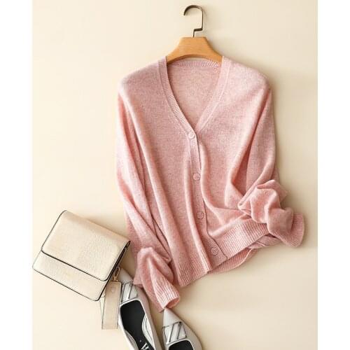 2021 autumn new arrival 100% cashmere v neck buttons cardigan women molandy knitted long sleeve sweater fashion casual outwear