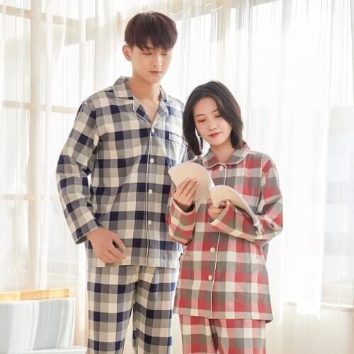 Plaid Couple Pajamas Set Women Man Cotton Pijama Long Sleeve Sleepwear Turn-down Collar Female Home Clothes Casual Pyjamas Suit