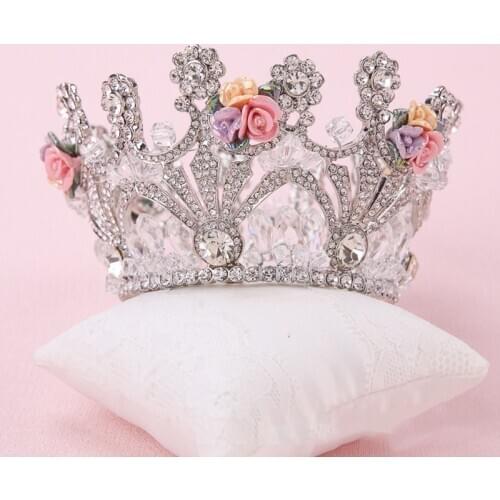 NiuShuya Princess Crowns Diadem Pink Flower ClearCrystal Bridal Crown Tiaras Prom Pageant Party Wedding Headpiece Hair Accessory