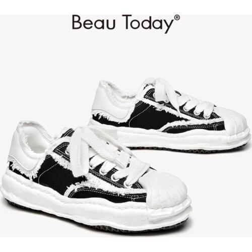 Women Chunky Sneakers Cow leather Denim Patchwork Cross Tied Lace Up Ladies Sports Platform Sole Shoes Handmade BeauToday 29127