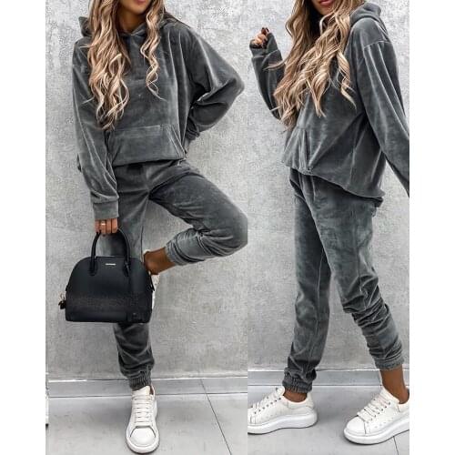 New Women Clothing Spring Womens Set Tracksuit Hooded Sweatshirt Pockets Pants Suit Two Piece Set Outfits Sweatsuit