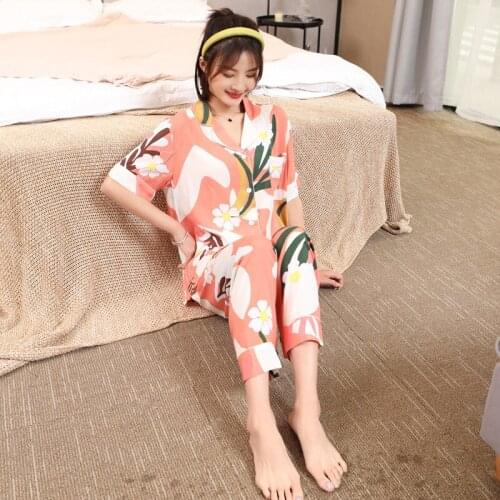 Summer Spring Fashion Homewear Lemon Floral Printing Turn Down Collar Pajamas Set 2 Piece Femme Casual Long Pants Top Sleepwear