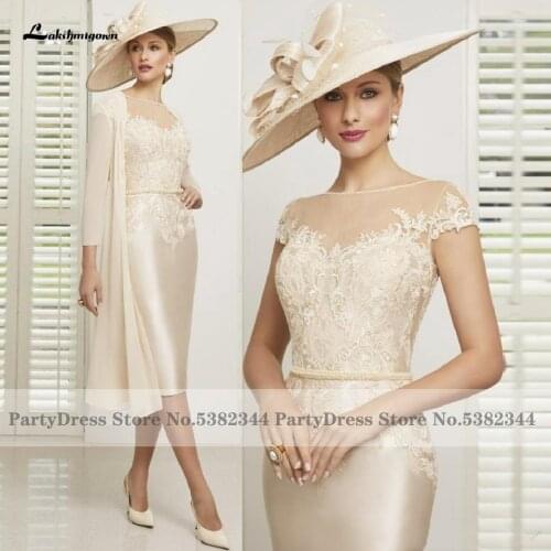 Vestido Gothic Champagne Two Piece Mother Of The Bride Dresses Lace Appliques Robe Satin Wedding Guest Gowns Knee Length