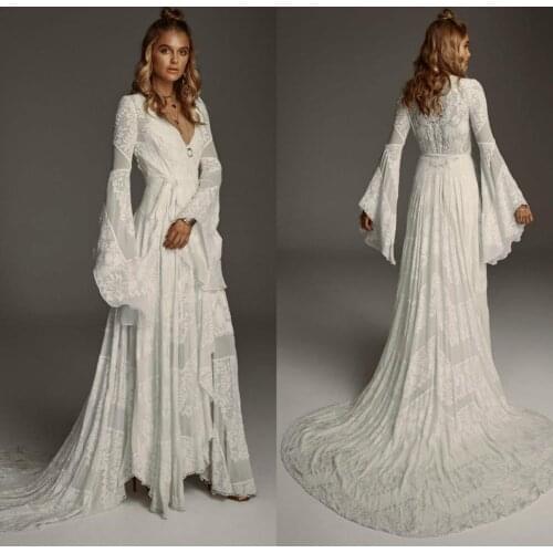 Bohemian Wedding Dresses 2020 A Line Lace Applique V Neck Long Sleeve Wedding Dress Custom Made High Low Vestido De Noiva
