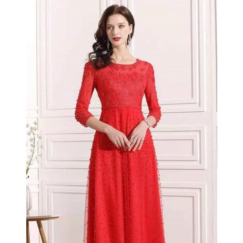 Top Quality New 2021 Autumn Wedding Party Women Allover Luxurious Embroidery Beading White Red Pink Black Long Dress Festival