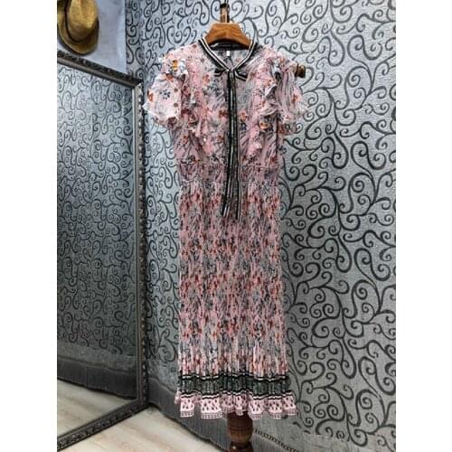 High Quality Brand Summer Dress 2021 Fashion Runway Women Bow Collar Pink Floral Print Ruffle Deco Mid-Calf Pleated Dress Tunic