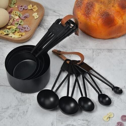 9pc/Set Multi Purpose Spoons Kitchen Cook Black Stainless Steel Teaspoon Scoop Measuring Spoons Cups Measuring Set KitchenTools