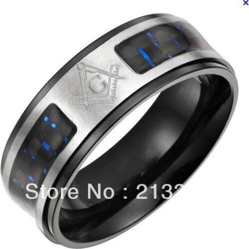 Free Shipping!Cheap Price Promotion Sales! USA Hot Selling Mens Black Stainless Steel Masonic Wedding Ring With Fiber Combined