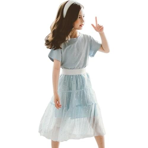 Children Summer Clothes Tshirt + Mesh Skirt Costume For Girls Letter Clothes For Girls Sequin Childrens Clothing