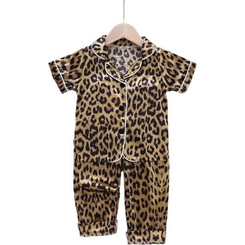 Leopard Kids Boys Girls Pajamas Set Childrens Suit Toddler Clothes Ice Silk Print Short Sleeve Tops+Pants Set Home Wear 2Pcs