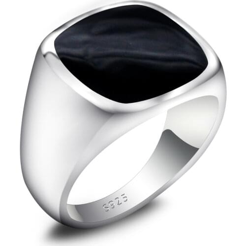 Black Enamel Ring for Men 925 Sterling Silver Setting Square Enamel Mens Rings Simple Classic Signet Jewelry to Male Women Gift