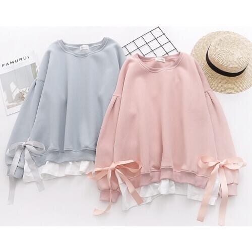 Cute Fall Winter Womens Loose Hoodies Long Sleeve Pullovers Long Hooded Fake-Two-Piece Tops Mori Girl Bows Trim