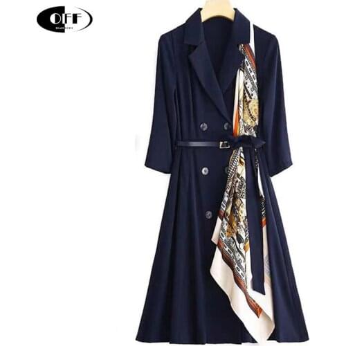 Autumn Womens Casual Vintage Dress Chic Retro Ladies Office Work Patchwork Scarf Double Breasted Suit Dresses Female Robes