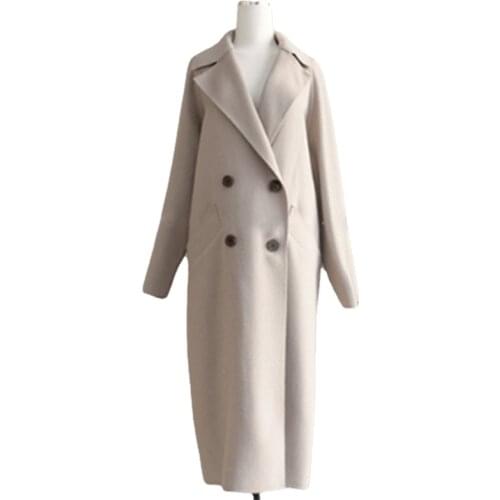 Winter 2020 double-sided woolen coat womens loose lapel belt pocket wool blend coat super long windbreaker jacket new Solid