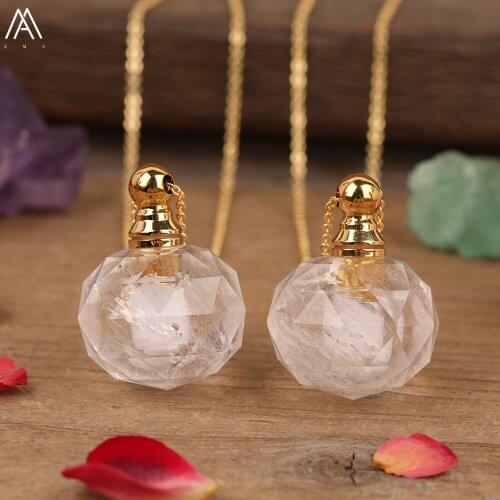 Natural White Quartz Faceted Perfume Diffuser Bottle Pendant Jewelry Women Quartz Essential Oil Gold Chains Necklace Dropship