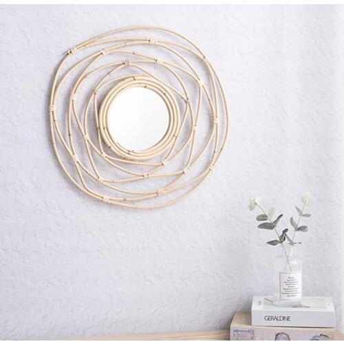 Simple Round Rattan Hanging Mirror Home Decor Mirror Makeup Mirror Nordic Style Model House Villa Living Room Art Wall Decoratio