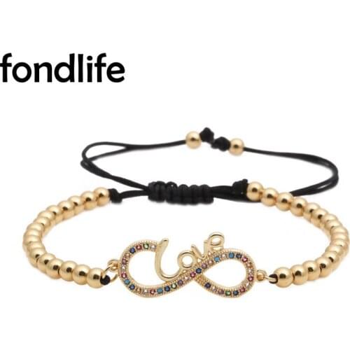 Multicolor Cubic Zirconia Stones Infinity Love Heart 4MM Copper Beads Adjustable Bracelet Women Men Ball Macrame Jewelry Gift