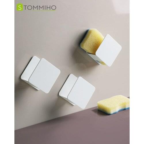 STOMMIHO Self Adhesive Wall-mounted Drain Rack Sponge Holder Steel Wire Ball Storage Rack Kitchen Organizer Accessories