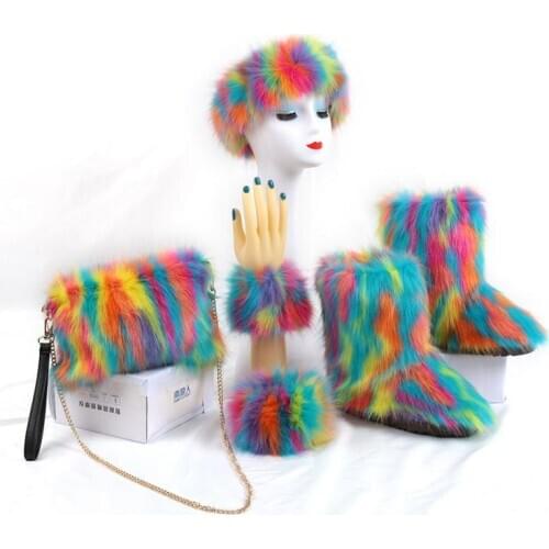 Swonco 4Pcs Furry Boots Set with Hat ,bag Bracelet Snow Boots Women Winter Warm Fur Shoe Ankle Boots 2020 Furry Boote Winter