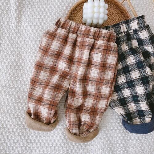 Baby Boys Thicken Pants 2020 Winter New Children Loose Casual Warm Trousers Korean Fashion Plaid Plus Velvet Pants For Boy 2-7 Y
