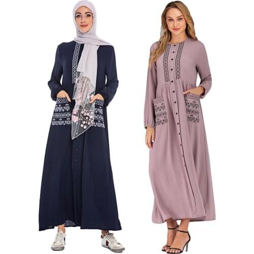 Vintage Abaya Muslim Women Maxi Dress Islamic Ethnic Kaftan Jilbab Robe Gown Arab Single-breasted Dress Middle East Loose Casual