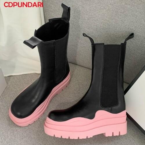 New 2021 Genuine Leather Chunky Flat Platform Ankle Boots For Women Spring Autumn Chelsea Short Boots Shoes Bottines Femme Black