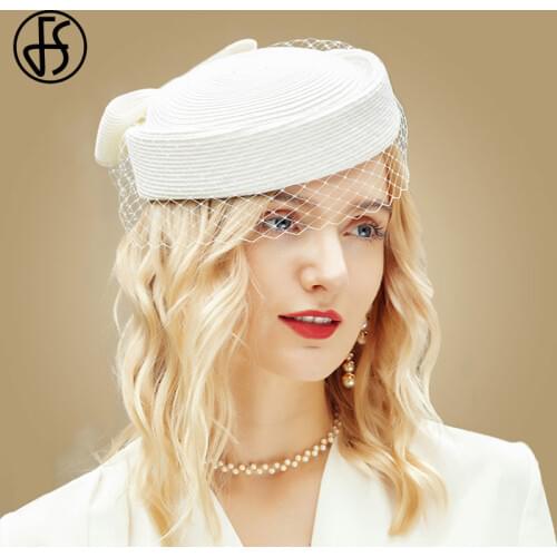 FS Fascinator White Pillbox Hats French Beret With Veil Black Straw Hats Mesh Women Fedora Cocktail Derby Party Church Wedding