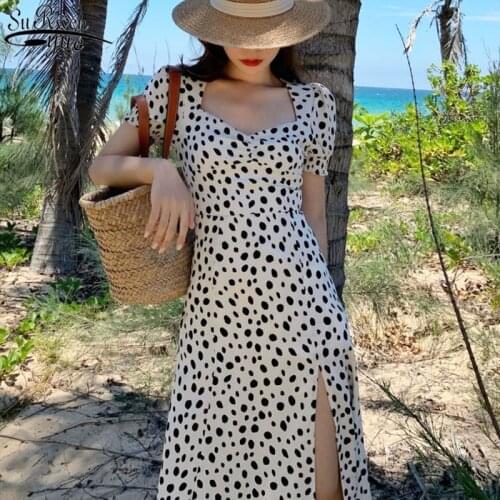 2021 Chic Korea Summer Women Dress A-line Cotton Polka Dot Square Neck Dress Vintage High Waist Slim Party Dress Vestido 14121