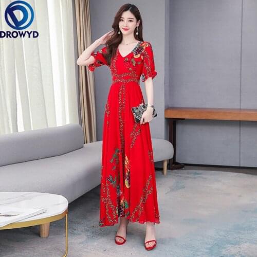 Red Chiffon Floral Summer Dress Women Fashion 2021 Loose V-neck Short Sleeve Big Swing Bohemian Dresses Female Party Vestidos