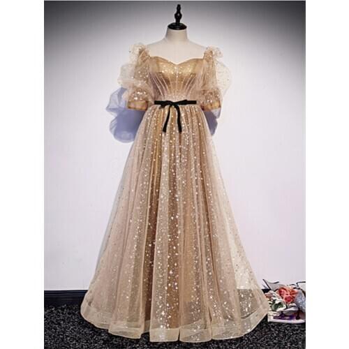 Robe De Soiree A-line Champagne Gold Evening Dresses Long Dress Formal Dress Vestido De Festa Half Sleeve Evening Dress 2021