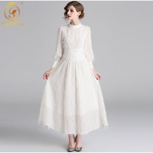 SMTHMA Vintage Womens Lantern Sleeve High Waist Long Dresses Ladies New Elegant Autumn Vestido Da Festa