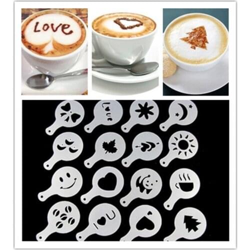 16Pcs/Set Coffee Printing Pattern Stencil Latte Cappuccino Mold With 16 Different Design White Decor Barista Duster Art