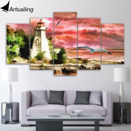 ArtSailing 5 Panel Canvas Art Print Wall Art Tower Pink Afterglow Birds Room Wall pictures for living room with frame NY-7719C