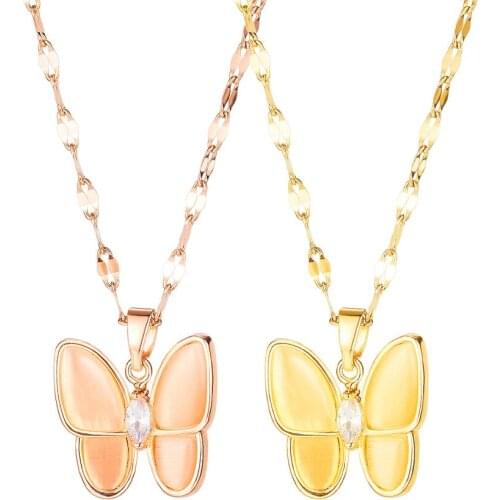 Elegant Rose Gold Color Zircon Butterfly Necklaces For Women Kpop Fashion Stainless Steel Accessories Womens Pendants Necklaces