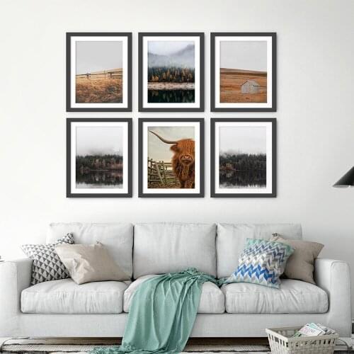 Farmhouse Fall Forest and Cow on Meadow Canvas Painting Wall Art Nordic Posters and Prints Wall Pictures for Living Room Decor