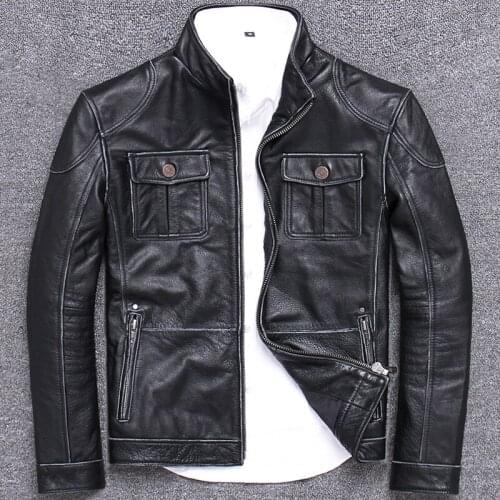 Head Layer Cowhide Genuine Clothing Mens Manual Edge Grinding Do Used Leather Jacket Stand Lead Short Fund