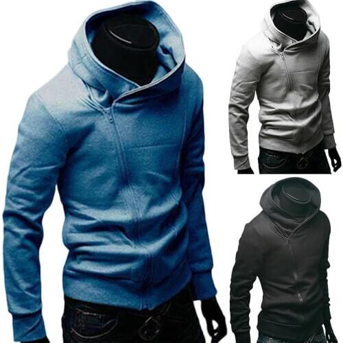 Men Stylish Solid Color Long Sleeve Diagonal Zipper Cotton Sports Hoodie Coat